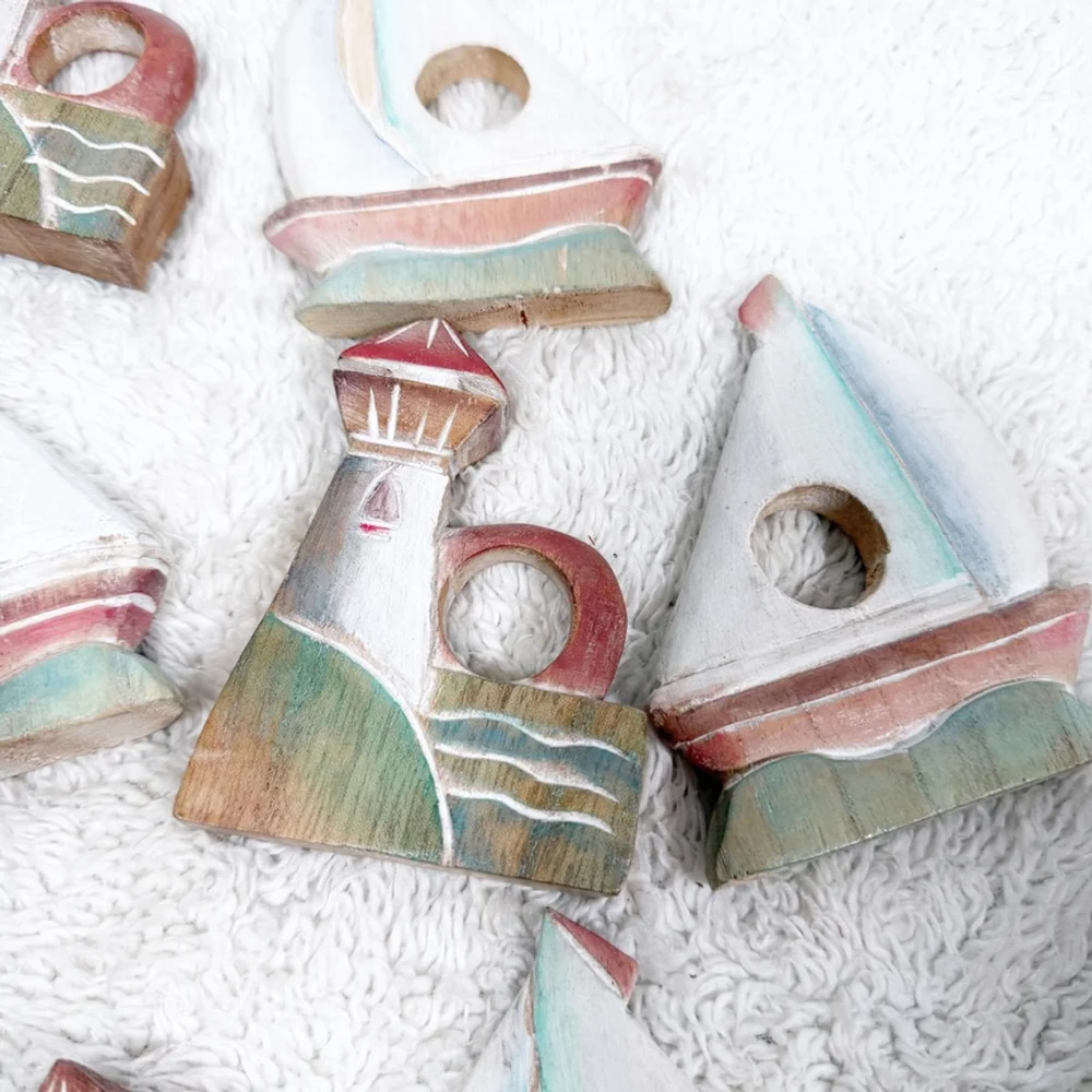 Cottage Nautical 8 Wooden Napkin Rings Sailboat Lighthouse Beach Table Decor